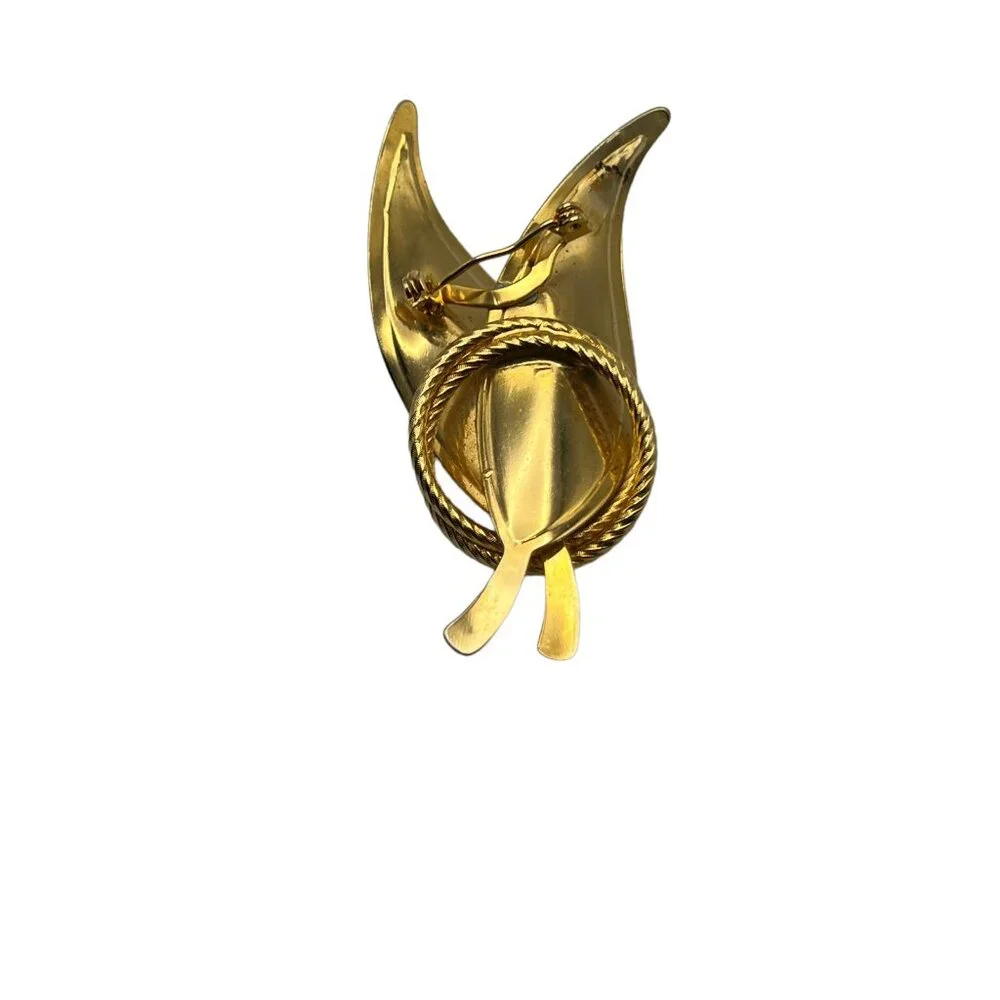 Vintage Brooch 2 Leaves Brushed Gold Tone in Textured Circles Lapel Pin‎